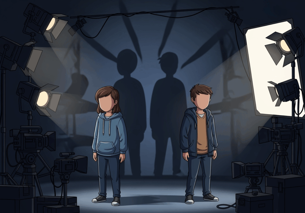 Cartoon child actors in Hollywood shadows