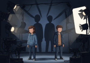 Cartoon child actors in Hollywood shadows