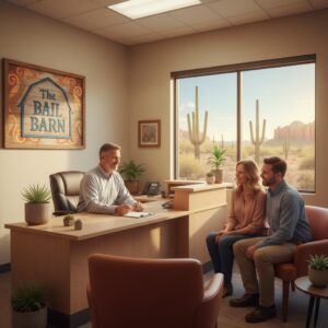 Friendly bail bonds agent helping a relieved family at The Bail Barn office in Arizona
