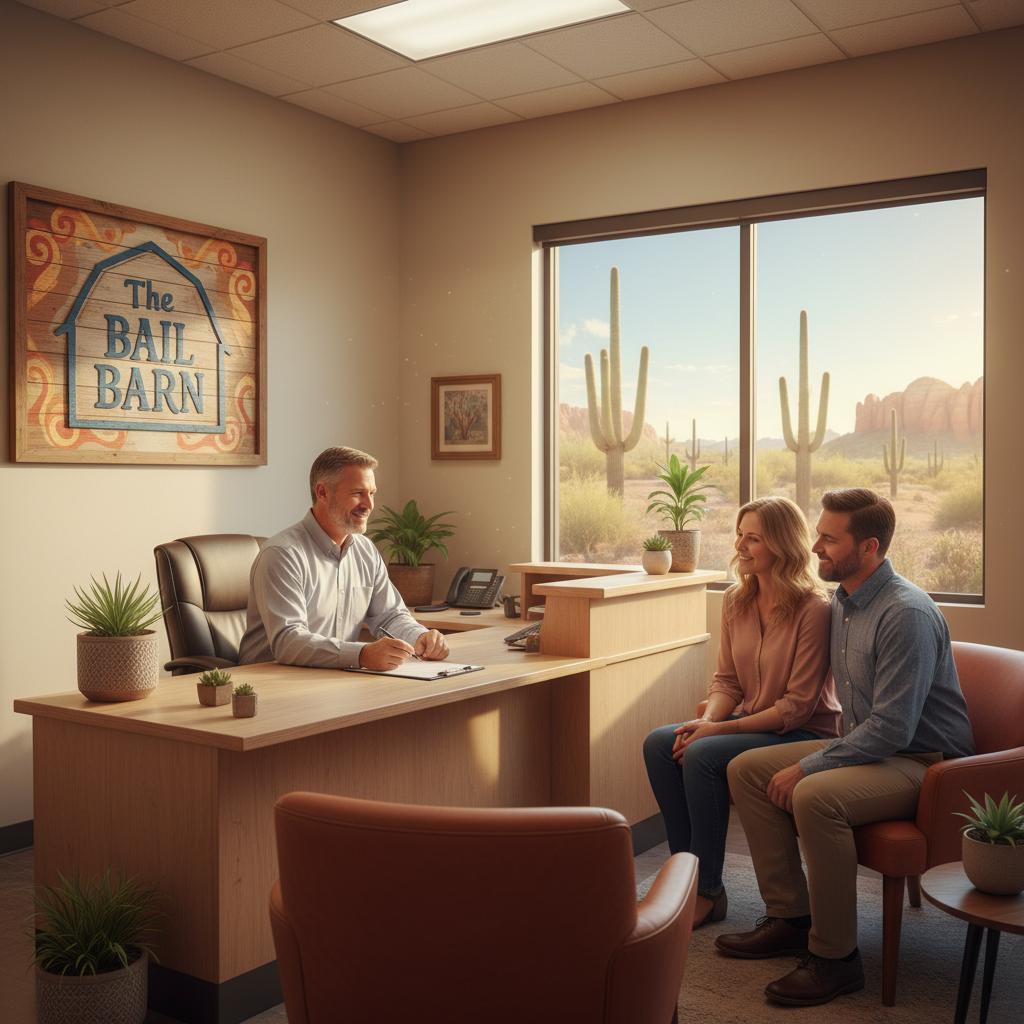 Friendly bail bonds agent helping a relieved family at The Bail Barn office in Arizona