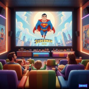Family enjoying Superman 2025 movie in a colorful theater with Superman flying on screen