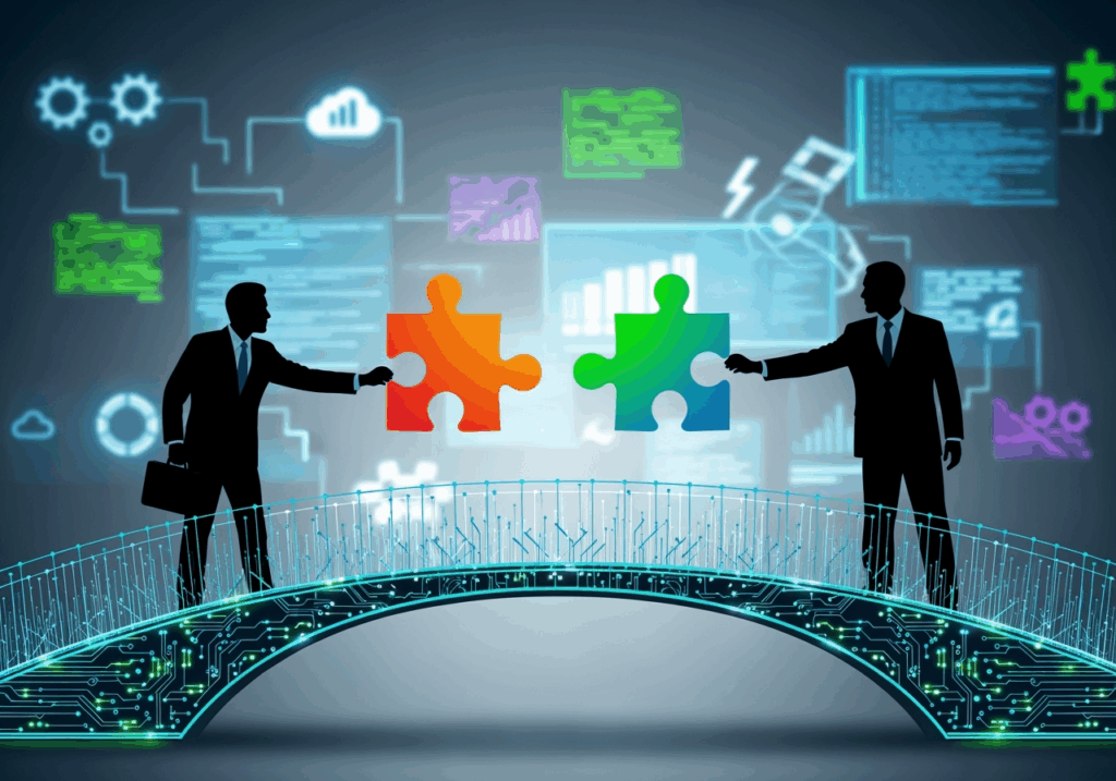 Two businesspeople on opposite sides of a digital bridge, each holding a puzzle piece, symbolizing accountability and collaboration in the tech industry.