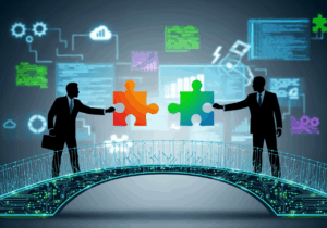 Two businesspeople on opposite sides of a digital bridge, each holding a puzzle piece, symbolizing accountability and collaboration in the tech industry.
