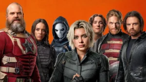 Thunderbolts 2025 superhero team standing together in a dramatic cityscape